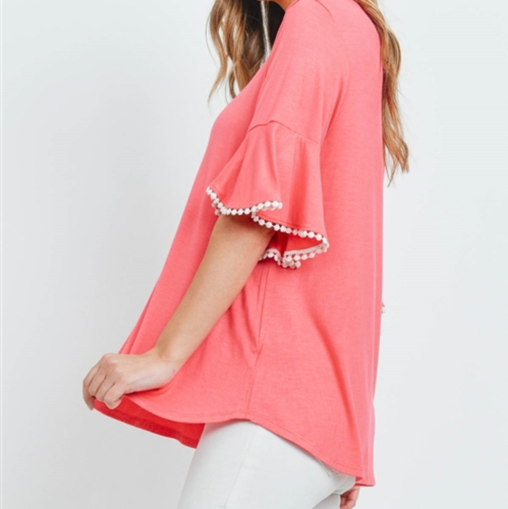 Coral Bell Flutter Sleeve Top with PomPom Details - Picture 4 of 4